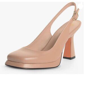 FOWT Nude Platform Closed Square Toe Pumps Block High Heels Slingbacks Shoes